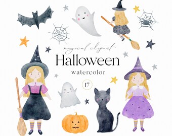 Halloween watercolor clipart, Cute witch Halloween clipart, Watercolor witch png, Ghost png, Kawaii Halloween clip art, Pumpkin clipart png