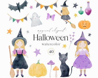 Halloween watercolor clipart, Cute Halloween clipart, Watercolor witch png, Ghost clipart, Kawaii Halloween, Pumpkin clipart png