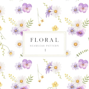 Carta digitale dell'acquerello floreale viola, modello senza cuciture floreale primavera margherita Pansey, estate scrapbooking carta digitale jpg