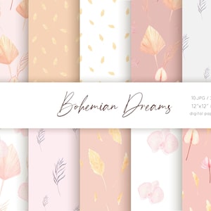 May include: A digital paper pack with 10 seamless patterns featuring watercolor illustrations of leaves, flowers, and feathers in shades of pink, peach, and gold. The patterns are 12 inches by 12 inches and 300 DPI. The text "Bohemian Dreams" is displayed on the image.