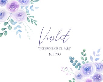May include: Watercolor clipart of purple and blue violet flowers with green leaves. The text "Violet Watercolor Clipart 46 PNG" is below the flowers.