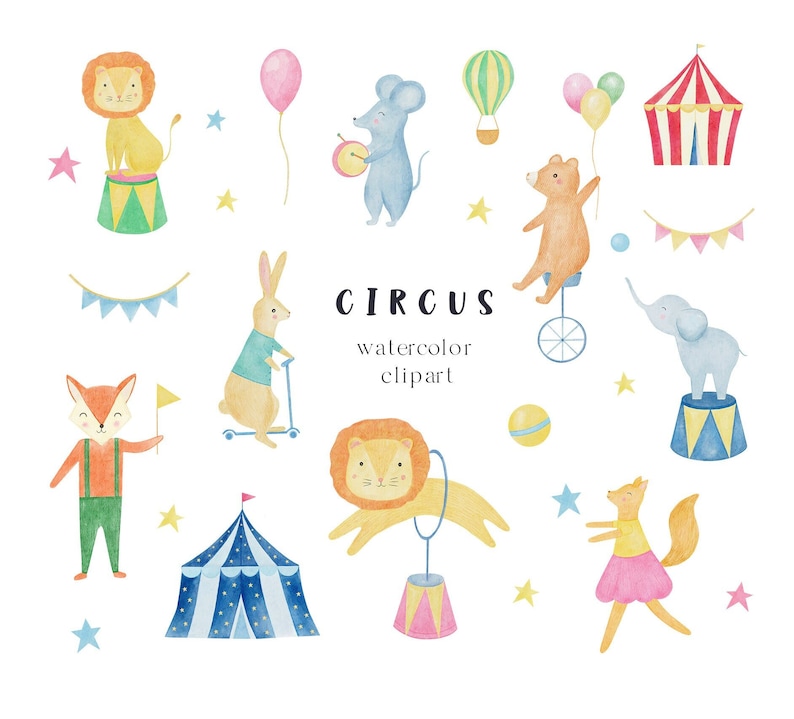 Watercolor Circus Clipart, Watercolor Animals Baby Clipart, Circus PNG ...