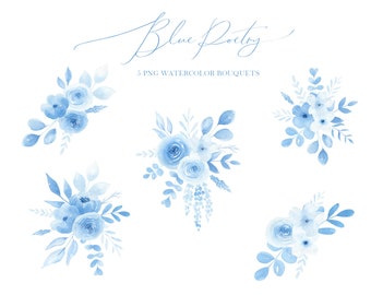 Blue bouquet watercolor floral clipart, Light blue roses clipart, Watercolor floral bouquet png, Dusty blue wedding invitations