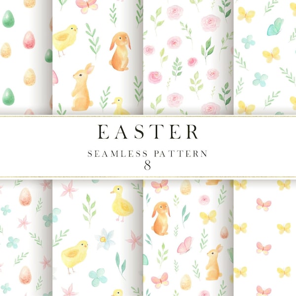 Easter digital paper, spring watercolor digital paper, Happy Easter seamless pattern, Easter bunny clipart