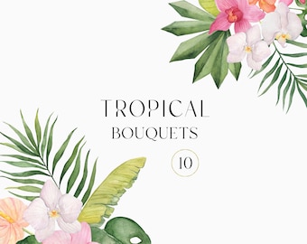 Tropical watercolor clipart, Tropical bouquets png, Tropical floral clip art, Summer clipart, Exotic watercolor flowers png, Jungle Clipart
