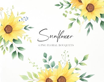 Sunflower bouquet png watercolor clipart, Sunflower wedding invitation, DIY clipart, Greenery png, Eucalyptus clipart