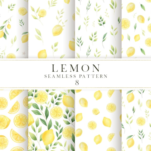 Watercolor Lemons digital paper, Summer citrus greenery seamless pattern, Watercolor citrus digital paper, Digital paper pack