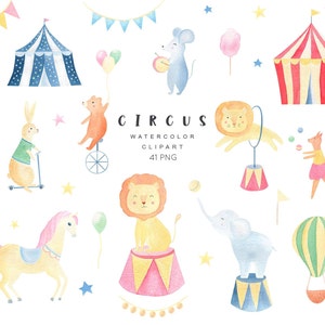 Aquarel Circus clipart, aquarel dieren baby clipart, Circus png, olifant aquarel, Leeuw png, paard clipart