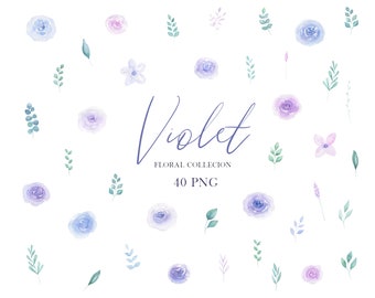 Purple watercolor floral clipart, Purple wedding invitation, DIY clipart, Violet lilac purple lavander watercolor roses greenery png