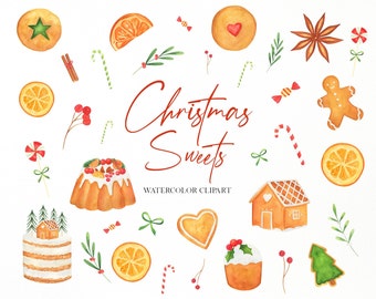 Christmas sweets watercolor clipart, Christmas food clip art, Watercolor food dessert png, Gingerbread clipart