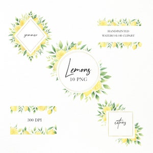 Watercolor Lemon frames png, Lemon clipart, Summer citrus clipart, Wedding lemon invitation clipart, Greenery frames