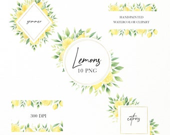 Watercolor Lemon frames png, Lemon clipart, Summer citrus clipart, Wedding lemon invitation clipart, Greenery frames