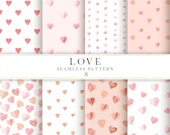 Watercolor hearts digital paper clipart, Valentine&#39;s Day boho hearts seamless pattern, Watercolor hearts wedding clipart, Love clipart