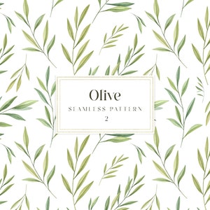 Olive branches watercolor digital paper, Green leaves digital paper, Watercolor seamless pattern