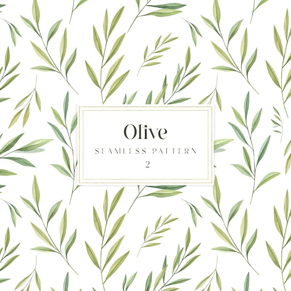Olive branches watercolor digital paper, Green leaves digital paper, Watercolor seamless pattern