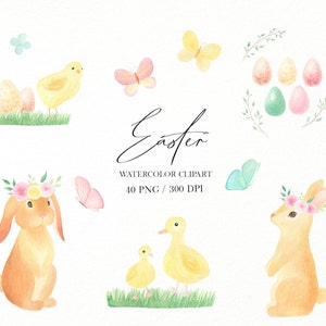 Watercolor easter clipart, Easter bunny clipart png, Cute spring bunny rabbit clipart, Spring floral clipart, Easter eggs clipart
