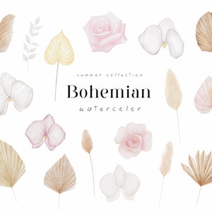 Boho floreale clipart acquerello, Boho foglie secche fiori clipart , Boho invito di nozze clipart, Orchidea png, Rose png