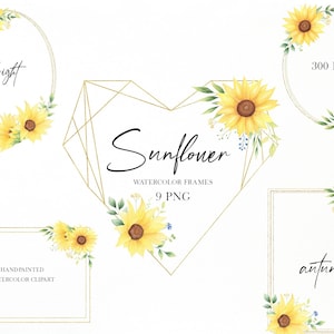 Cadres aquarelles sunflower png clipart, cadres dorés png, invitation de mariage tournesol, clipart DIY