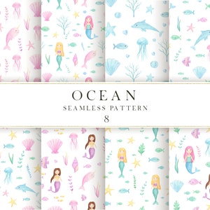 Könnte beinhalten: Acht nahtlose Aquarellmuster mit Meeresmotiven. Die Muster beinhalten Meerjungfrauen, Narwale, Quallen, Seesterne, Muscheln und Fische. Die Muster sind in Rosa-, Blau- und Grüntönen gehalten.
