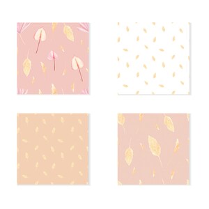 May include: Four seamless patterns featuring a pink background with gold leaves and pink flowers. The patterns are perfect for creating digital or printed designs.