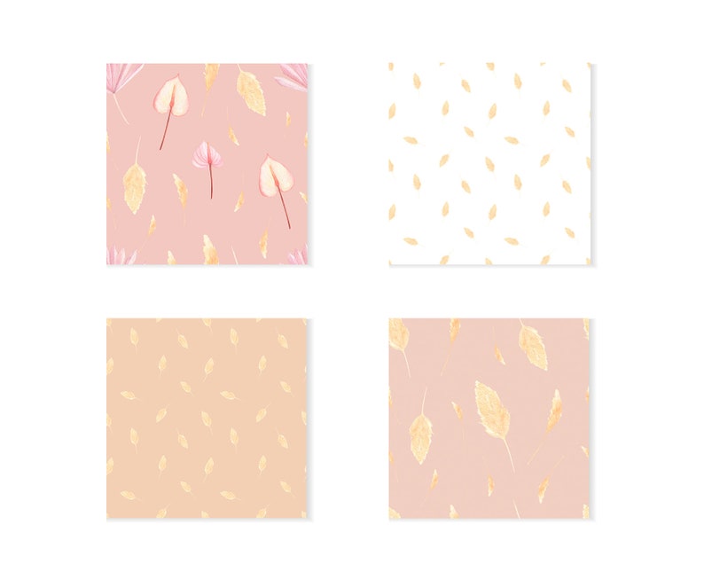 May include: Four seamless patterns featuring a pink background with gold leaves and pink flowers. The patterns are perfect for creating digital or printed designs.