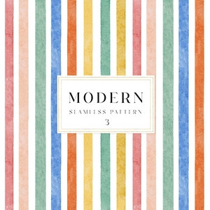 Puede incluir: Un patrón sin costuras con rayas verticales en tonos de amarillo, naranja, rojo, rosa, azul y verde. El patrón está etiquetado como "MODERN SEAMLESS PATTERN 3".