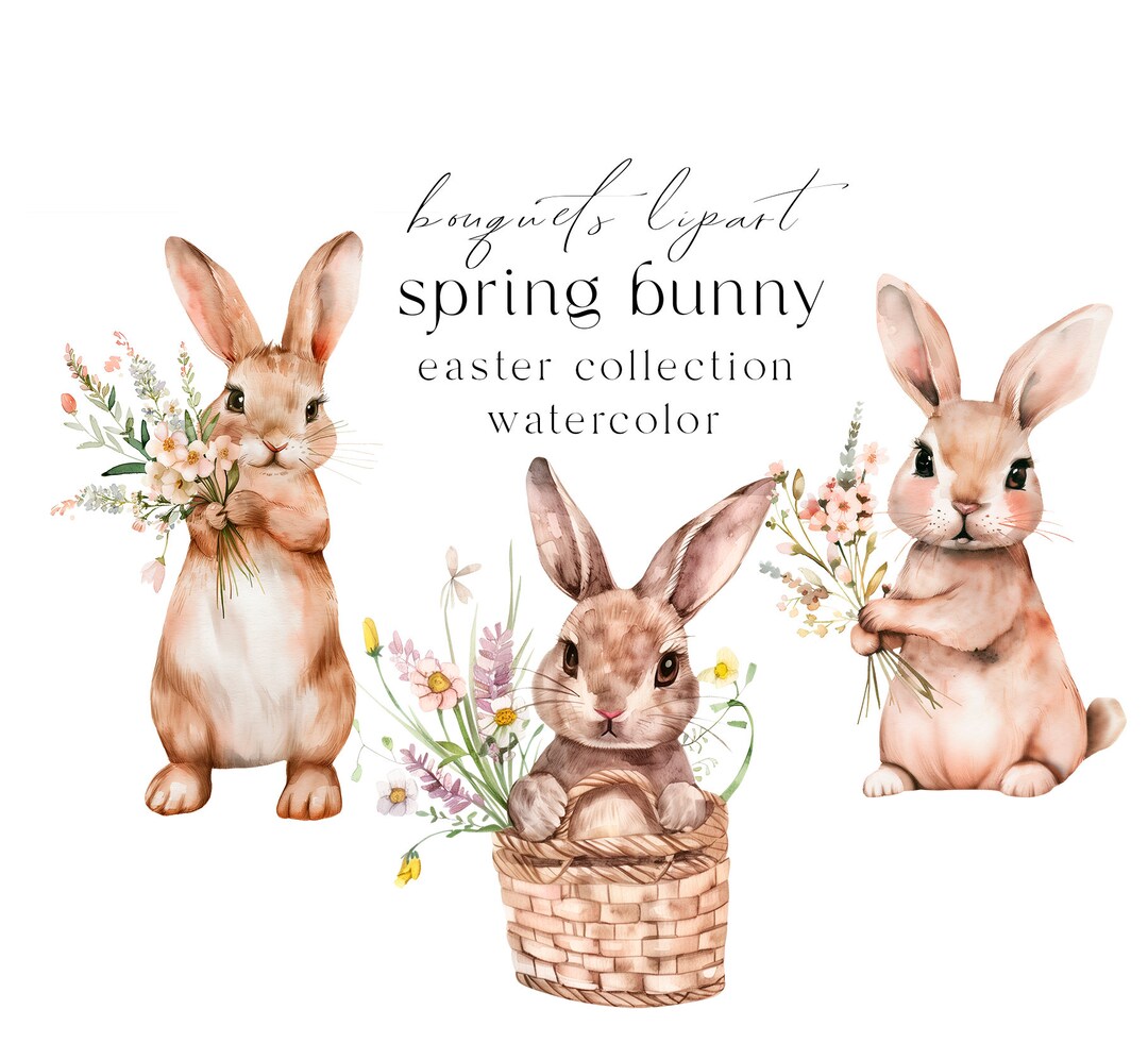 Cute Bunny Watercolor Clipart, Easter Bunny With Flowers Png, Baby ...