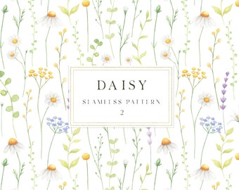 Summer floral digital paper, Watercolor digital paper, Daisy greenery floral seamless pattern, Scrapbooking digital paper jpg