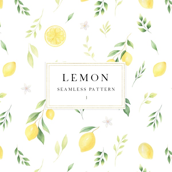 Watercolor Lemons digital paper, Summer citrus greenery seamless pattern, Watercolor citrus digital paper