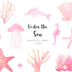 Acuarela bajo el mar clipart, imágenes prediseñadas de acuarela criaturas del mar, imágenes prediseñadas del bebé tema del mar del océano, invitación de cumpleaños náutico