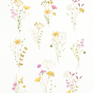 Pu&ograve; includere: Dieci bouquet ad acquerello con fiori rosa, gialli e dorati. I bouquet sono su uno sfondo bianco.