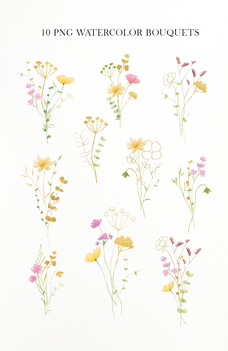 Pu&ograve; includere: Dieci bouquet ad acquerello con fiori rosa, gialli e dorati. I bouquet sono su uno sfondo bianco.
