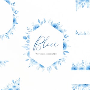 Blue watercolor floral frames clipart, Light blue roses clipart, Watercolor floral frames png, Dusty blue DIY wedding invitations
