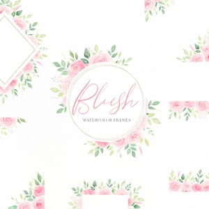 Pink Blush Roses watercolor floral frames clipart, Watercolor wedding frames png, Pink flowers spring png, Digital download