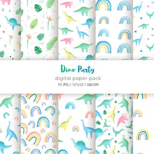 Acquerello Dinosaur Patterns, Acquerello pastello vivaio dinosauro arcobaleno carta digitale, Dinosaur arcobaleno animale stampa carta digitale