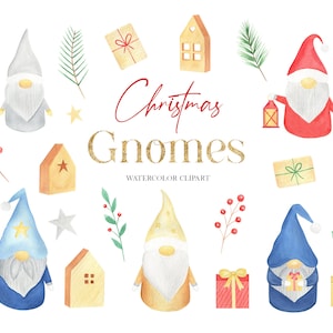 Christmas gnome watercolor clipart, Winter holiday gnome png, Scandinavian clipart
