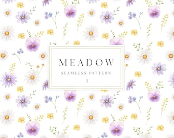 Wildflower bloemen digitaal papier, aquarel digitaal papier, paars bloemen naadloos patroon, scrapbooking digitaal papier, weide clipart