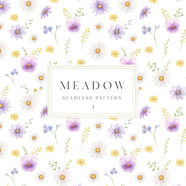 Wildflower floral digital paper, Watercolor digital paper, Purple floral seamless pattern, Scrapbooking digital paper, Meadow clipart