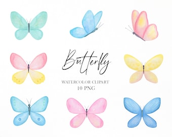 May include: Ten watercolor butterfly illustrations in various colors, including blue, pink, and yellow. The butterflies are arranged in a grid pattern on a white background. The text "Butterfly Watercolor Clipart 10 PNG" is written below the butterflies.
