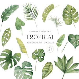 Tropical greenery watercolor clipart, Watercolor leaves clipart, Summer wedding invitation tropical diy