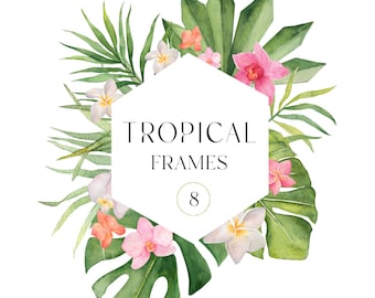 Tropical watercolor frames clipart, Tropical wedding, Tropical floral invitation clip art, Summer clipart