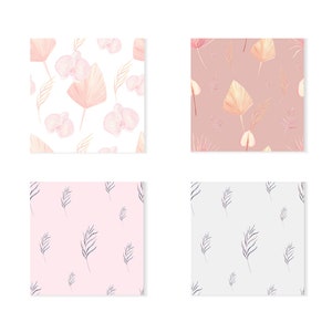 May include: Four seamless patterns featuring watercolor illustrations of pink orchids, palm leaves, and feathers. The patterns are on white, pink, light gray, and peach backgrounds.