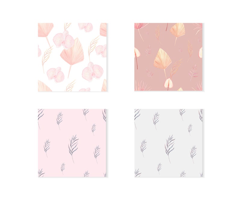 May include: Four seamless patterns featuring watercolor illustrations of pink orchids, palm leaves, and feathers. The patterns are on white, pink, light gray, and peach backgrounds.