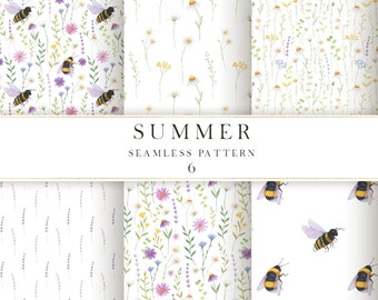 Summer watercolor digital paper, Bee digital paper pack, Wildflowers seamless paper clip art, Commercial use