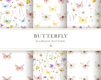 Butterfly wildflowers watercolor digital paper, Summer floral digital paper pack, Butterfly seamless pattern clip art, Commercial use