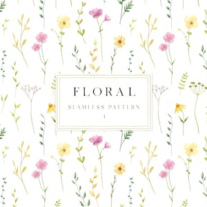 Papel digital floral de verano, papel digital de acuarela, patrón sin costuras floral amarillo verde de flores silvestres, papel digital de Scrapbooking jpg