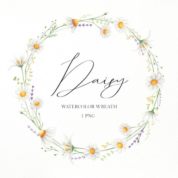 Daisy watercolor wreath clipart, Wildflowers frame png, Easter floral wreath clipart, Daisy wedding invitation