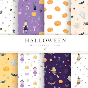 Halloween digital paper watercolor, Classic Halloween digital paper jpg, Cute witch seamless pattern, Pumpkin pattern jpg
