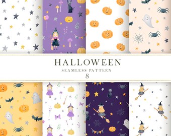 Halloween digital paper watercolor, Classic Halloween digital paper jpg, Cute witch seamless pattern, Pumpkin pattern jpg