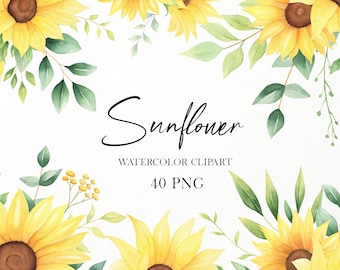 Sunflower png watercolor clipart, Sunflower bouquet png clipart, Sunflower wedding invitation, DIY clipart, Greenery png